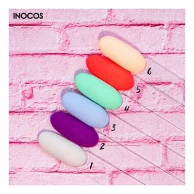 Mostruário de esmaltes INOCOS com seis amostras de cor em forma oval em fundo rosa