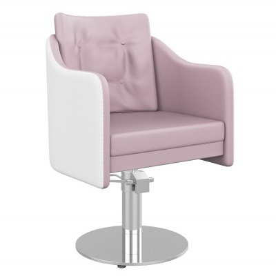 Cadeira de salão rosa claro com laterais brancas e base metálica cromada