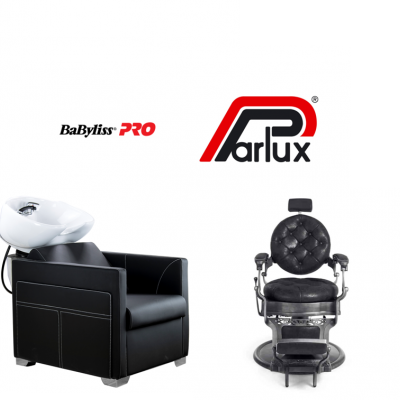 Lavatório para cabelo preto BaByliss PRO e cadeira de barbeiro preta Parlux