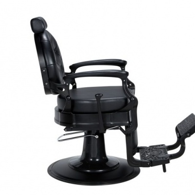 Cadeira de barbeiro preta com base redonda e apoio para pés