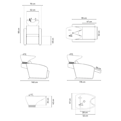 Desenho técnico em várias vistas de uma cadeira de lavagem de cabelo com dimensões em centímetros.