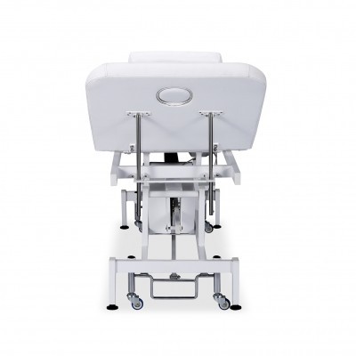 Cadeira de massagem branca ajustável com rodas vista de trás