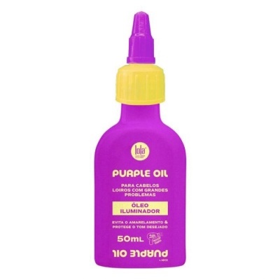 Frasco roxo de Purple Oil para cabelos com tampa amarela
