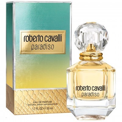 Perfume Roberto Cavalli Paradiso em vidro com tampa facetada e caixa colorida