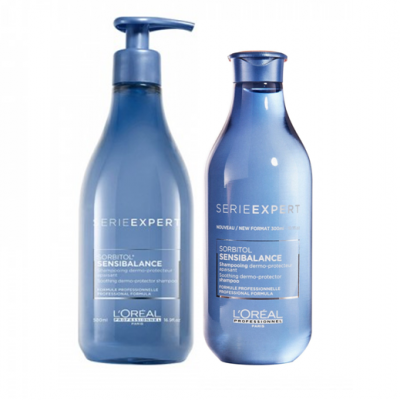 Duas embalagens azuis Série Expert Sensibalance da L'Oréal com texto branco.