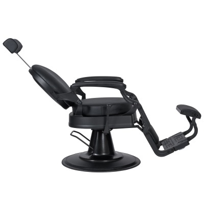 Cadeira de barbeiro preta com apoio de cabeça e descanso para pés