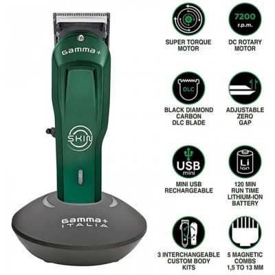 Máquina de cortar cabelo Gamma+ Skin verde com base cinza e texto técnico ao lado