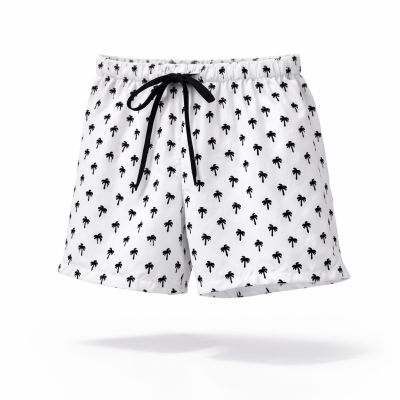 Calções de banho brancos com padrão de palmeiras pretas e cordão preto