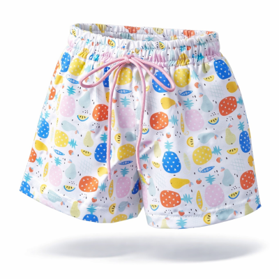 Calções de banho infantis com estampado colorido de frutas e cordão rosa