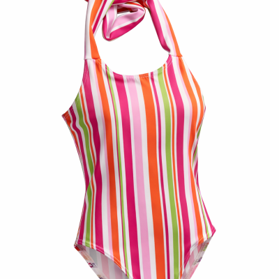 Fato de banho riscas verticais em várias cores com nó no ombro