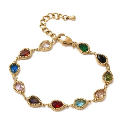 pulseira dourada com pedras coloridas em gota e fecho ajustável