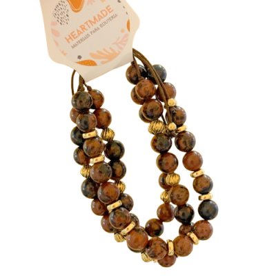 Pulsera de contas castanhas, pretas e douradas com etiqueta HEARTMADE