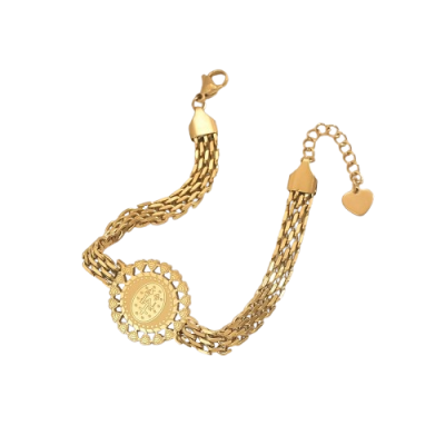 Pulseira dourada com corrente dupla e medalhão redondo