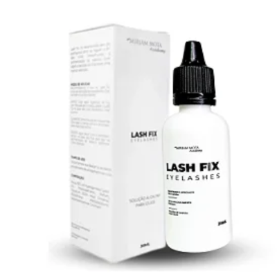 Frasco branco com tampa preta e caixa branca de produto Lash Fix para pestanas