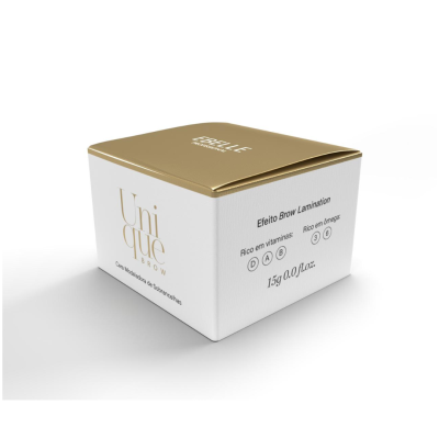 Caixa branca e dourada de cera modeladora de sobrancelhas Unique Brow