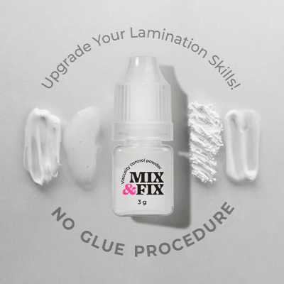 Frasco pequeno de pó viscosidade MIX & FIX e texturas brancas ao redor