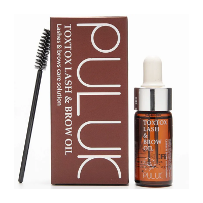 Óleo para pestanas e sobrancelhas Puluk Toxtox com escova e embalagem