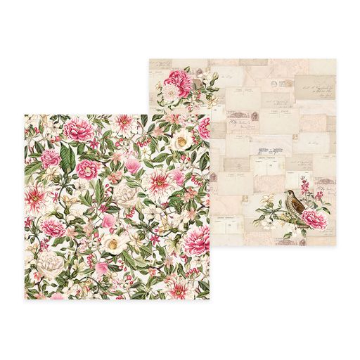 Papel decorativo floral com padrão vintage de cartas e pássaro
