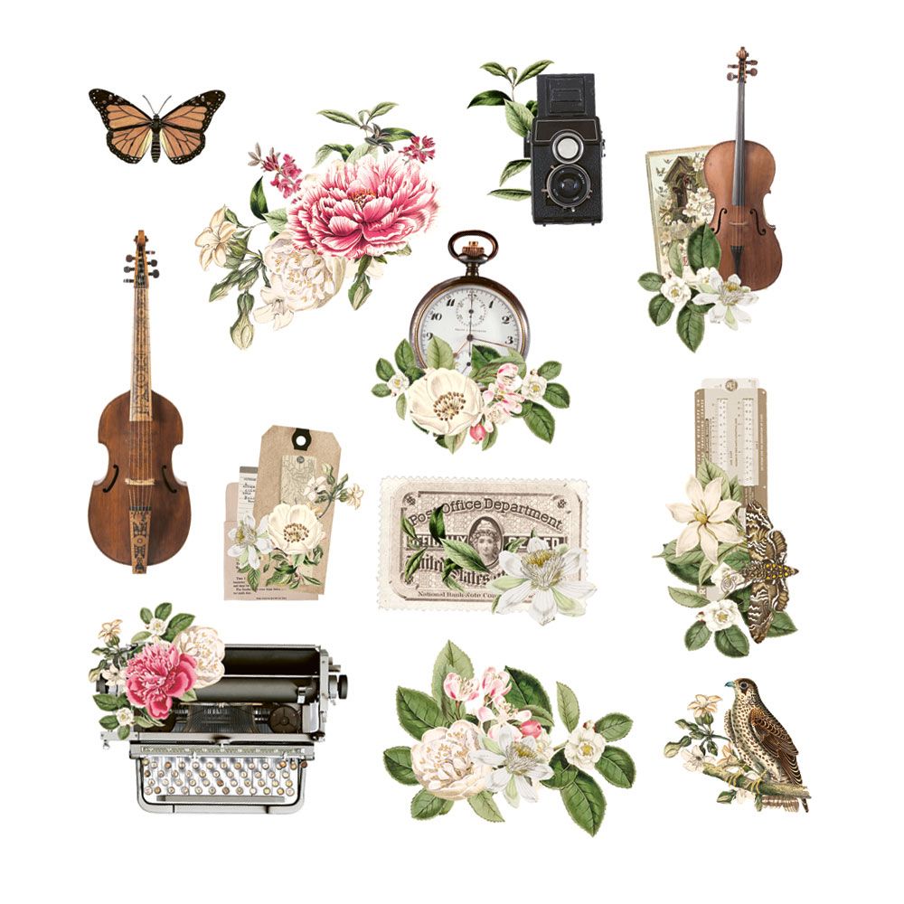 Colagem de elementos vintage com flores, violinos, máquina de escrever, relógio, câmara e animais