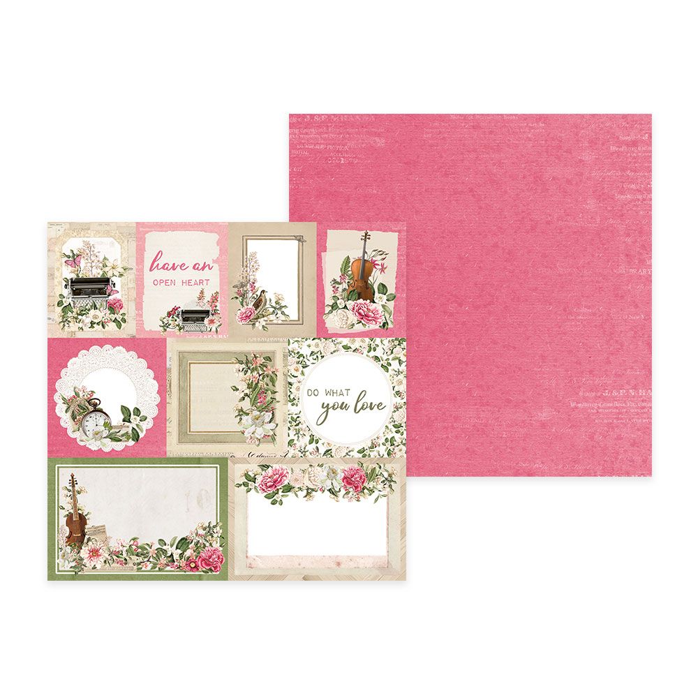 Papel decorativo para scrapbooking com designs florais e textos
