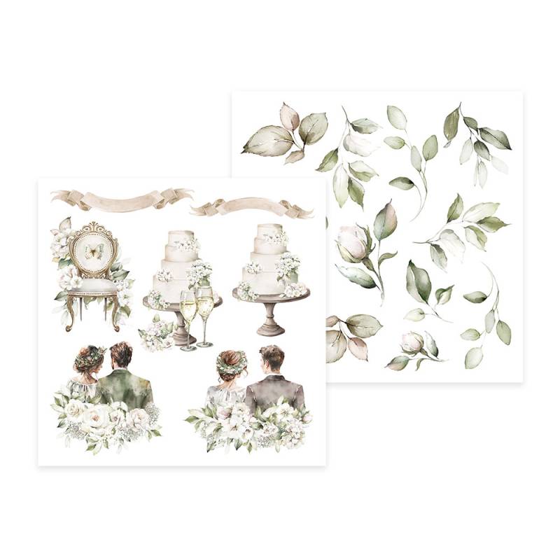 Ilustrações aquarela de bolo de casamento, casal, cadeira vintage, flores e folhas