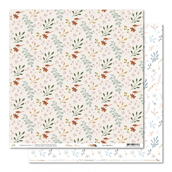 Papel decorativo com padrão floral colorido e texto na base