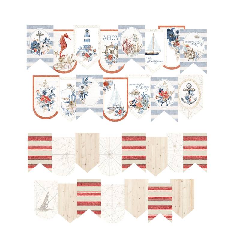 Bandeirolas decorativas náuticas com motivos de âncora, barquinho, cavalo-marinho, flores e padrão riscado vermelho e bege.