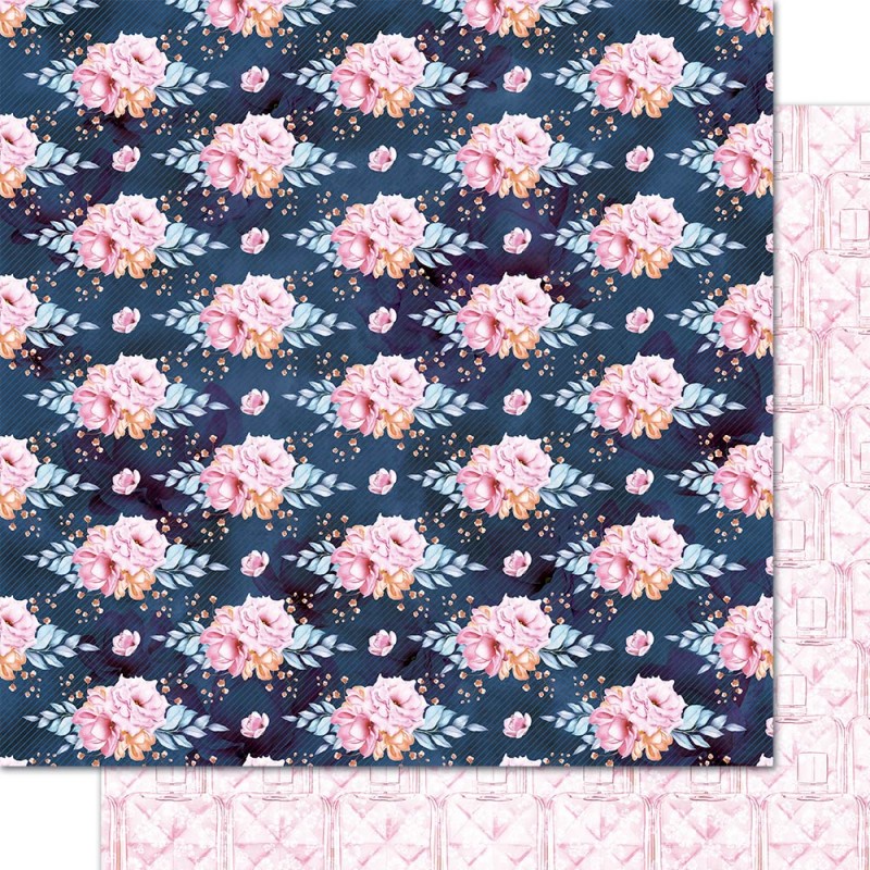 Papel de embrulho com padrão floral e geométrico em tons de azul e rosa