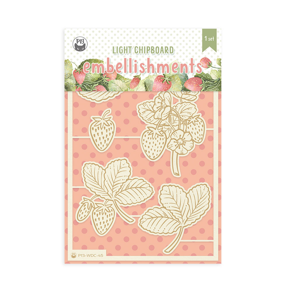 Enfeites leves em madeira compensada com motivos de morangos e folhas em fundo rosa com bolinhas.