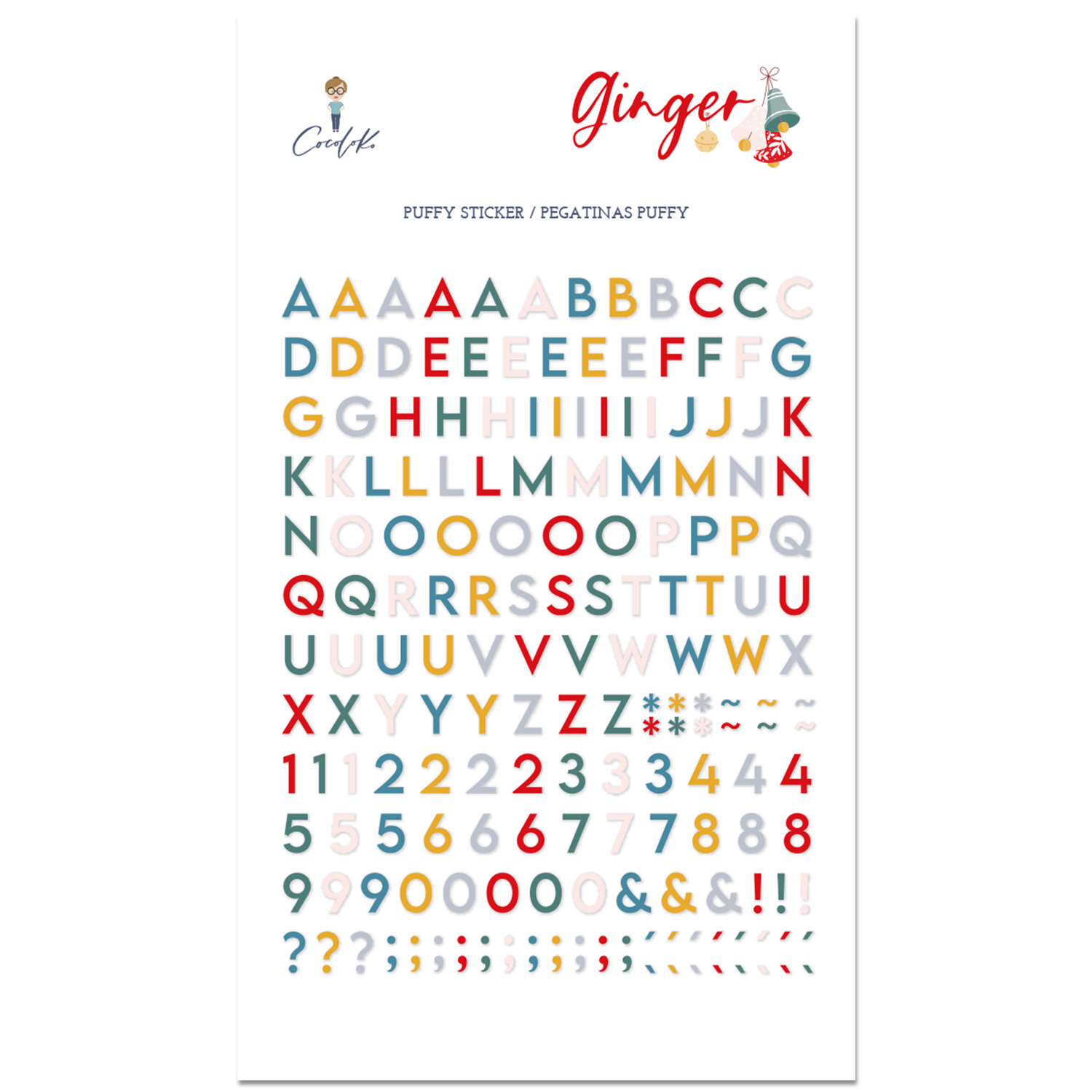 Folha de autocolantes em relevo com letras coloridas, números e símbolos