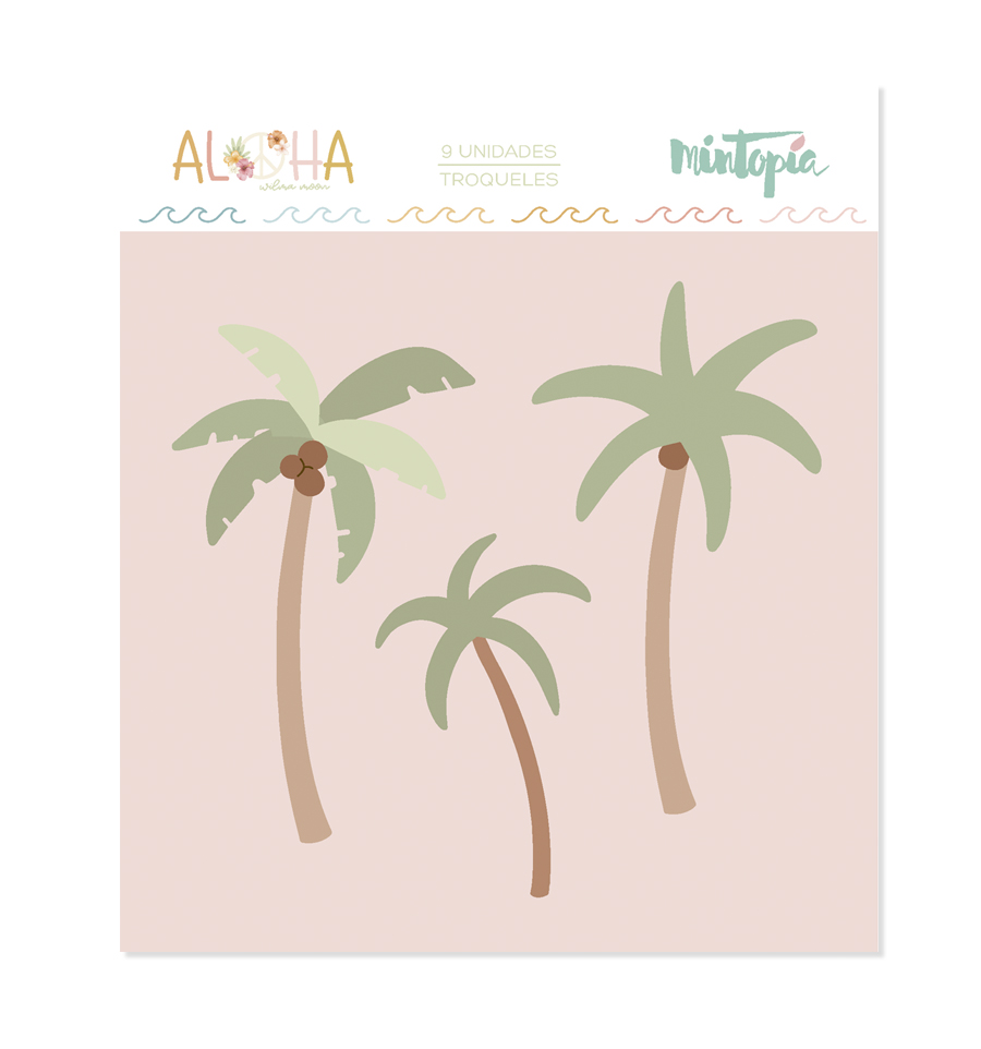 Pack de 9 troqueles Mintopía com desenhos de palmeiras estilizadas em tons verdes e castanho