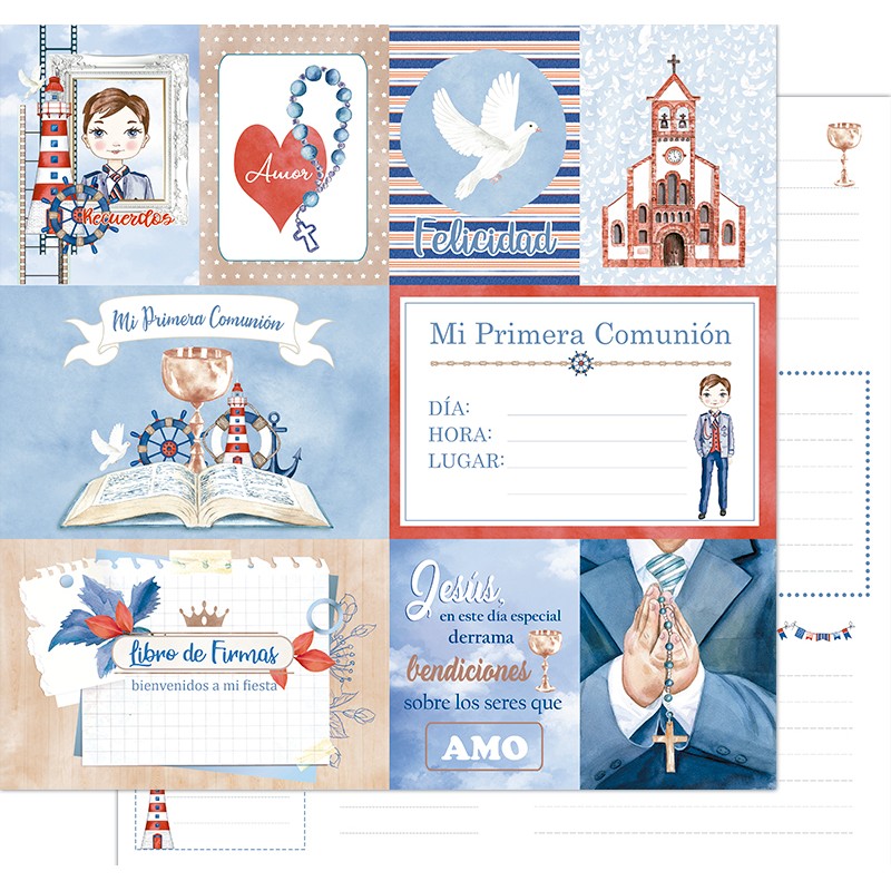 Ilustrações de comunhão com textos em espanhol e elementos religiosos em tons azuis e vermelhos