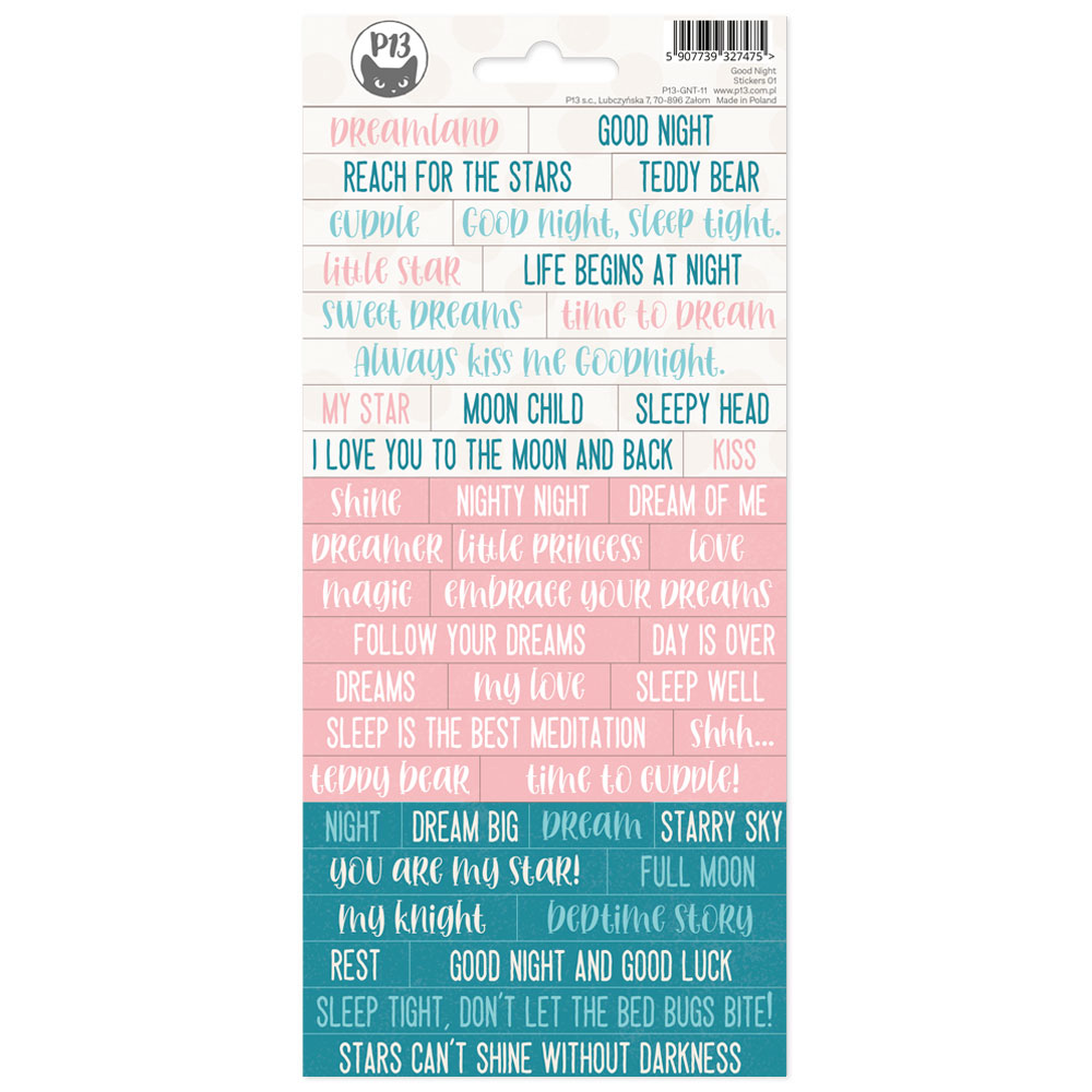 Folha de autocolantes decorativos com textos em várias cores e estilos