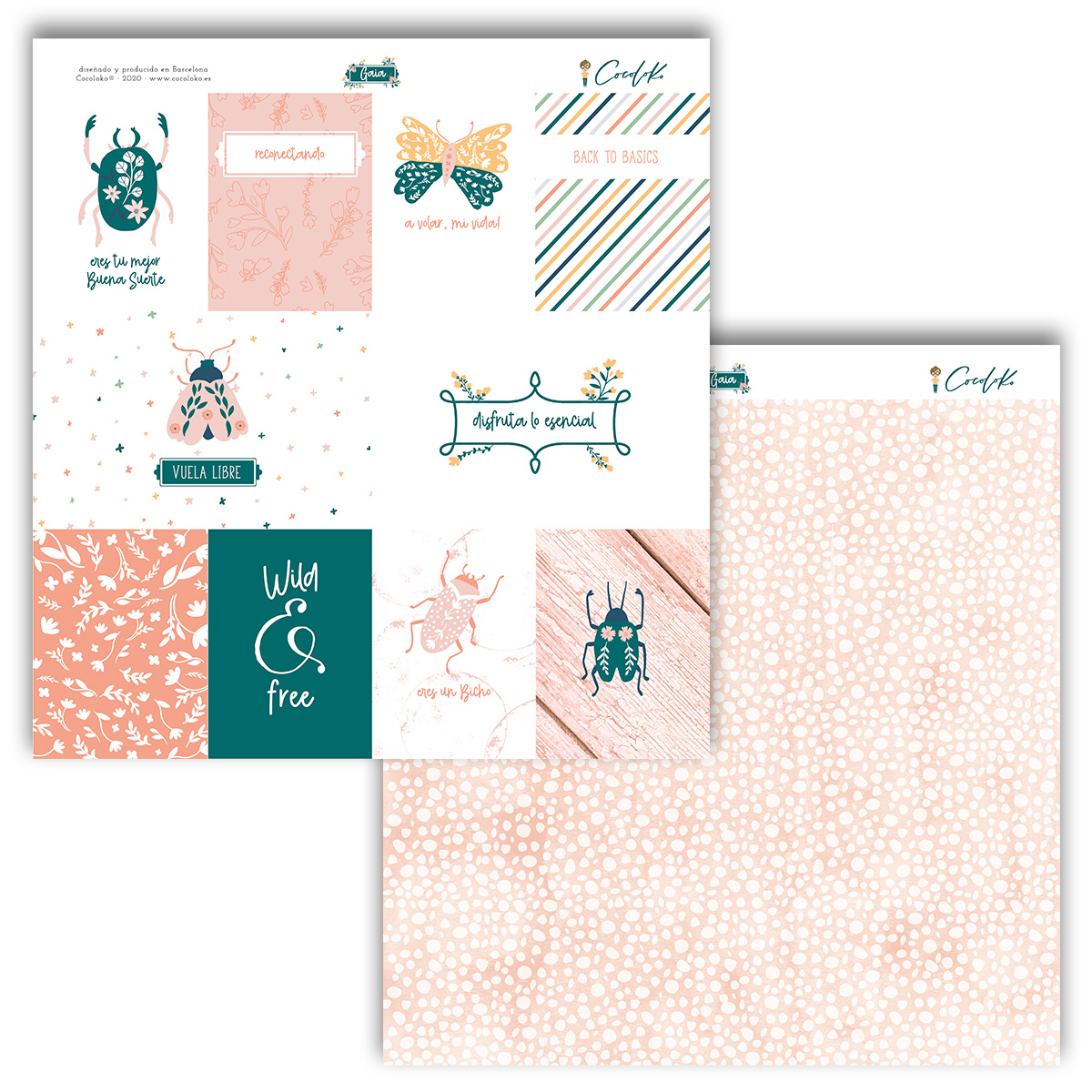 Papéis decorativos para artesanato com desenhos de insetos, padrões florais e textos em inglês