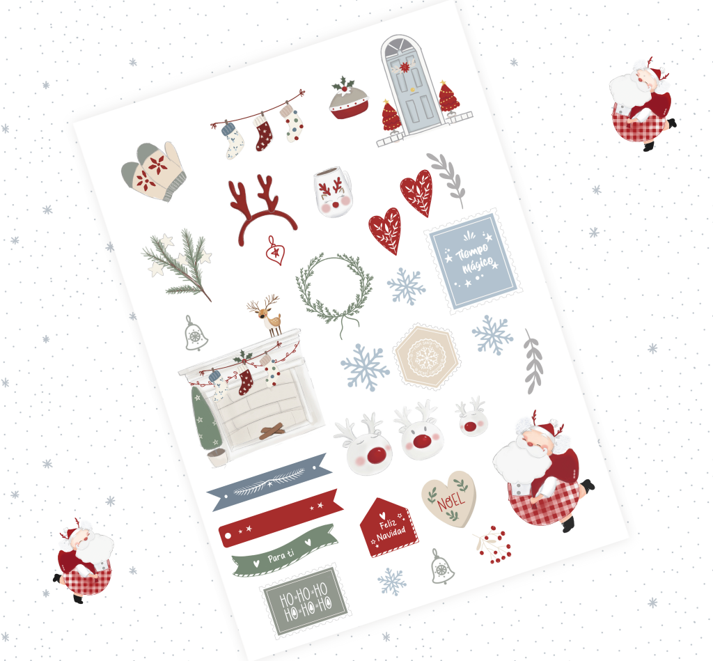Folha de autocolantes natalícios variados com textos em inglês e espanhol, e imagem de Papai Noel no fundo