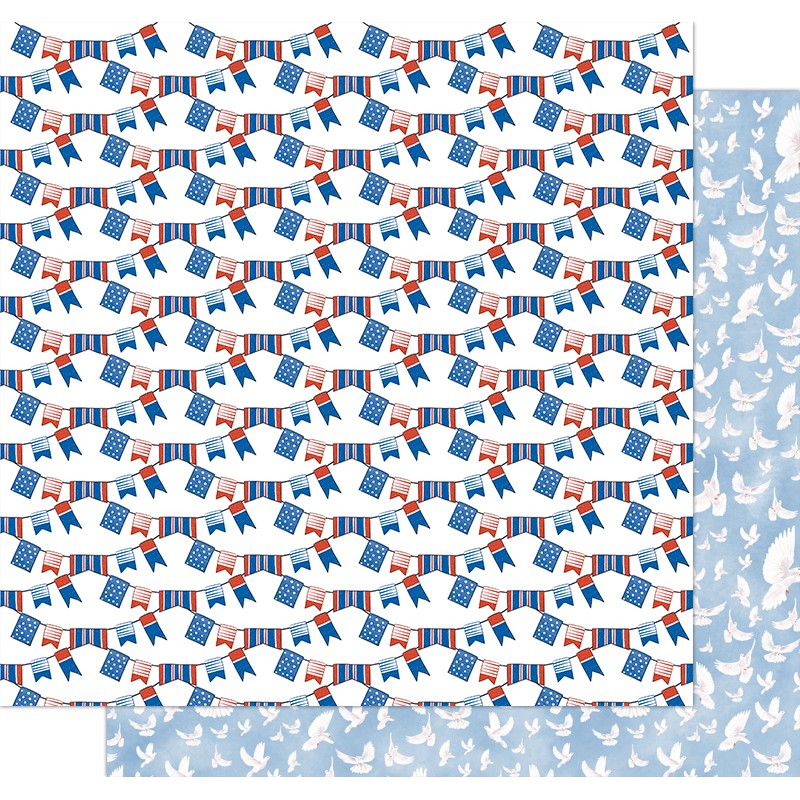 Papel decorativo com padrões de bandeiras dos EUA e pombas brancas