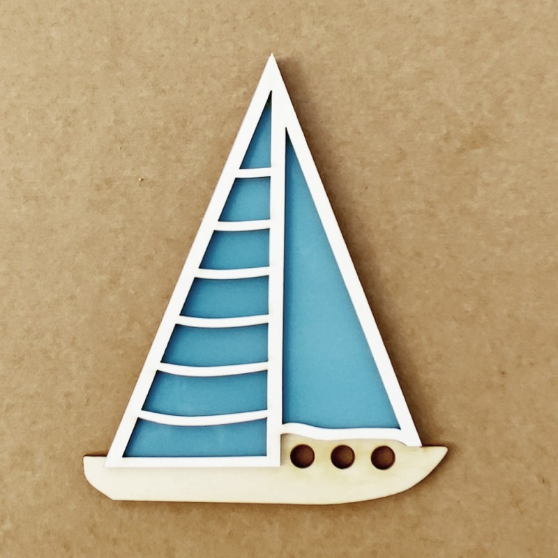 Figura decorativa de veleiro de madeira com vela azul
