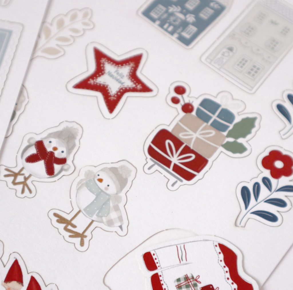 Folha de autocolantes de Natal coloridos com várias figuras festivas