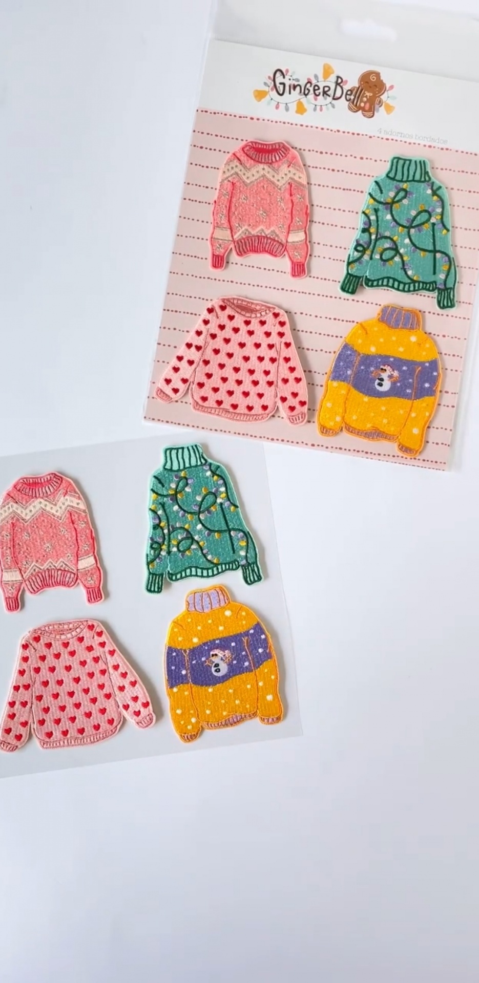 Autocolantes de camisolas de malha coloridas com padrões de Natal embalados
