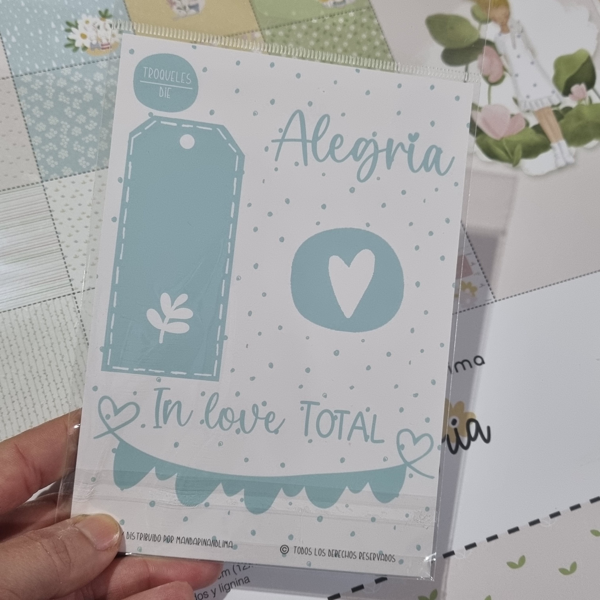 Folha decorativa com texto 'Alegria' e 'In love TOTAL', decoração de corações e pontos azuis sobre fundo branco, dentro de embalagem transparente.