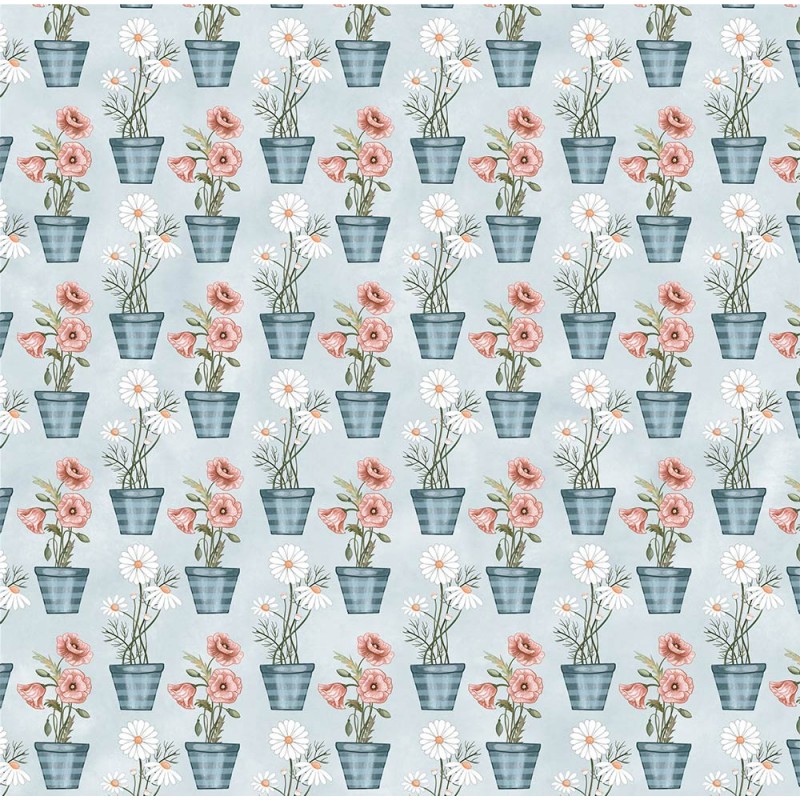 Papel de parede com padrão de vasos de flores brancas e rosas