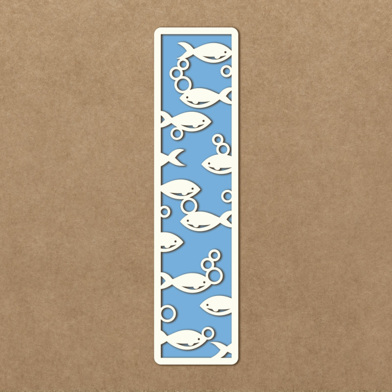 Marcador de livros com peixes brancos recortados sobre fundo azul