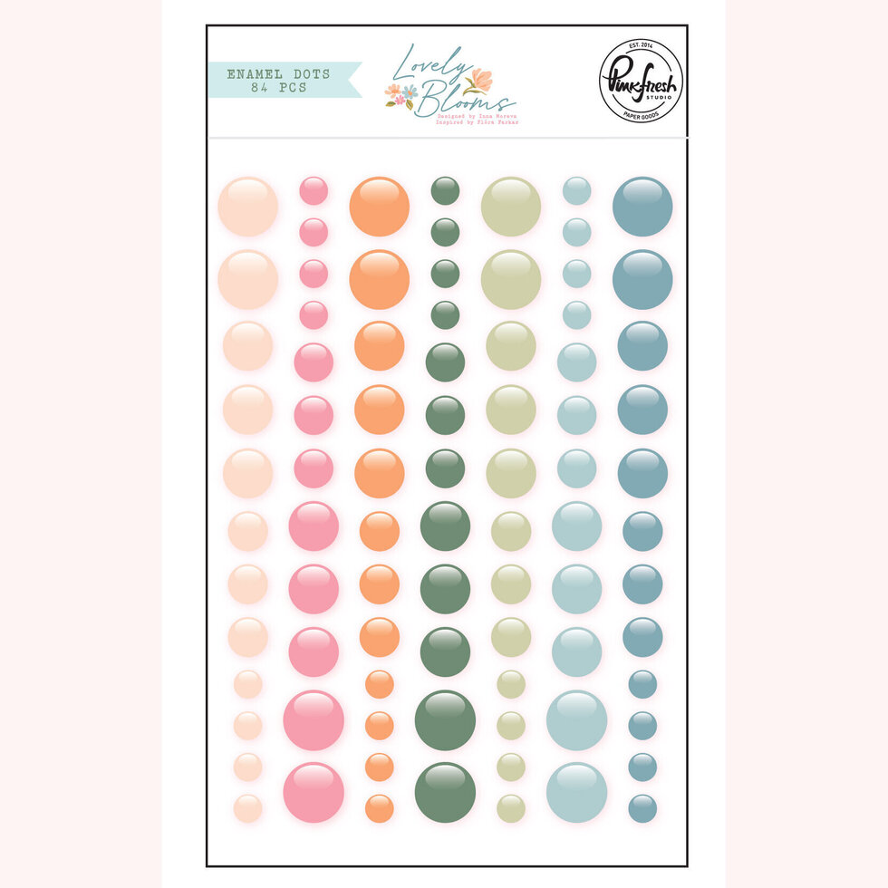 Folha com autocolantes redondos coloridos e texto de marca e quantidade.