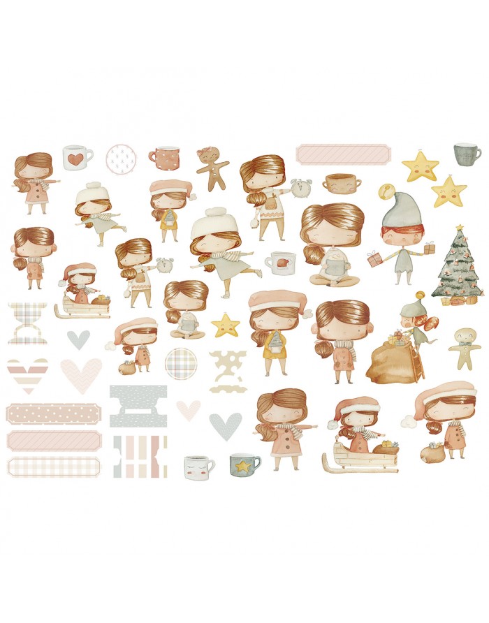 Ilustrações de bonecos femininos e elementos natalícios em tons pastel