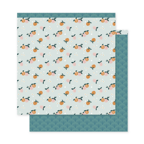 Papel decorativo com padrão de laranjas e fundo azul