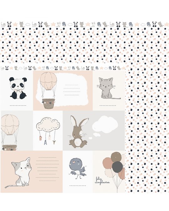 Papel ou tecido com desenhos infantis e padrão de bolinhas