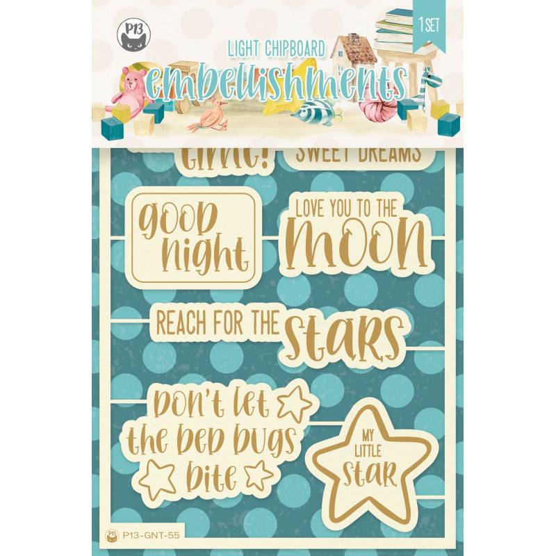 Light chipboard embellishments Good Night 07 ENG, 8pcs