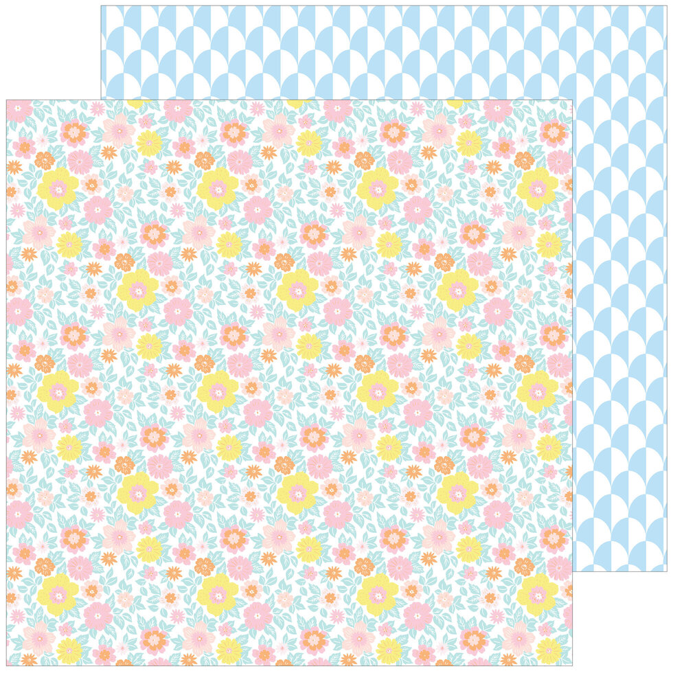 Folha de papel dupla face com padrão floral e padrão geométrico azul