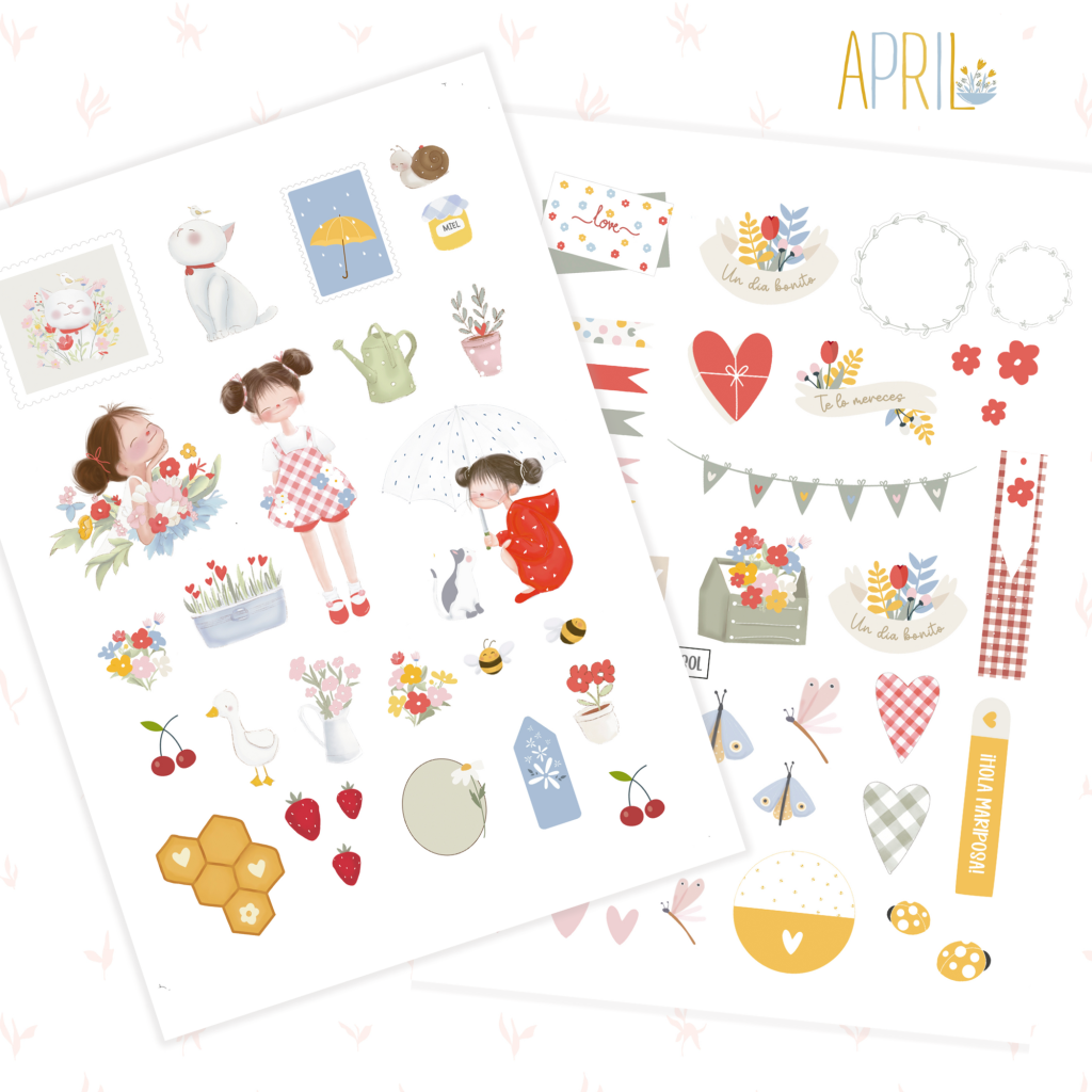 Autocolantes coloridos com temas de natureza, crianças e flores em fundo branco