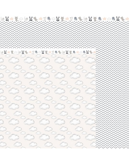 Tecidos ou papéis decorativos com padrões de nuvens, estrelas, pegadas e ziguezague em tons neutros